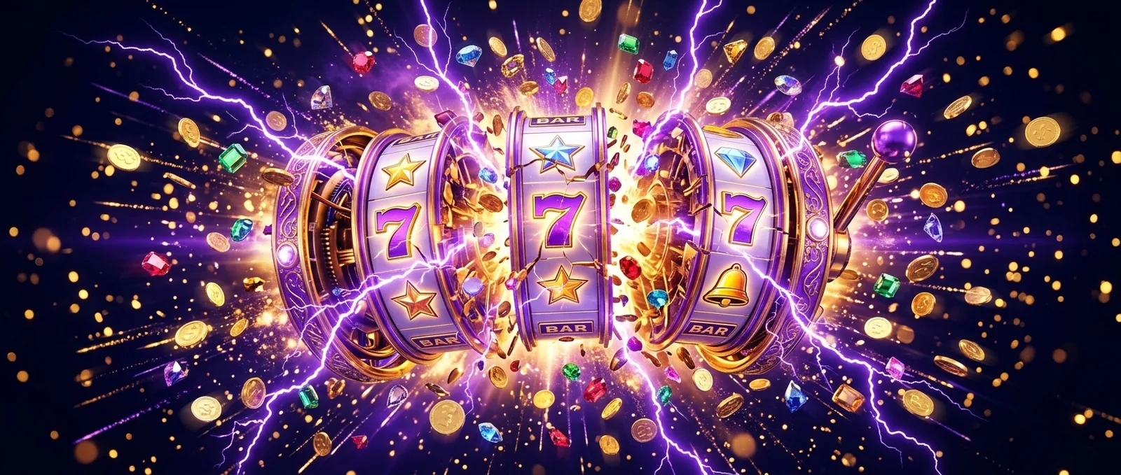 Villento casino slot reels exploding with gold coins, gems and violet lightning